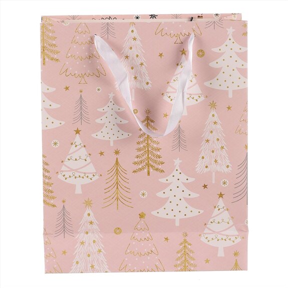 Taška papírová - vánoční stromky, růžová, střední velikost.