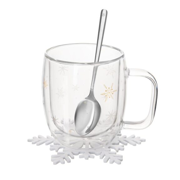 Hrnek dvoustěnné borosil. sklo DOUBLE vločka + lžička + podtácek 0,38 l