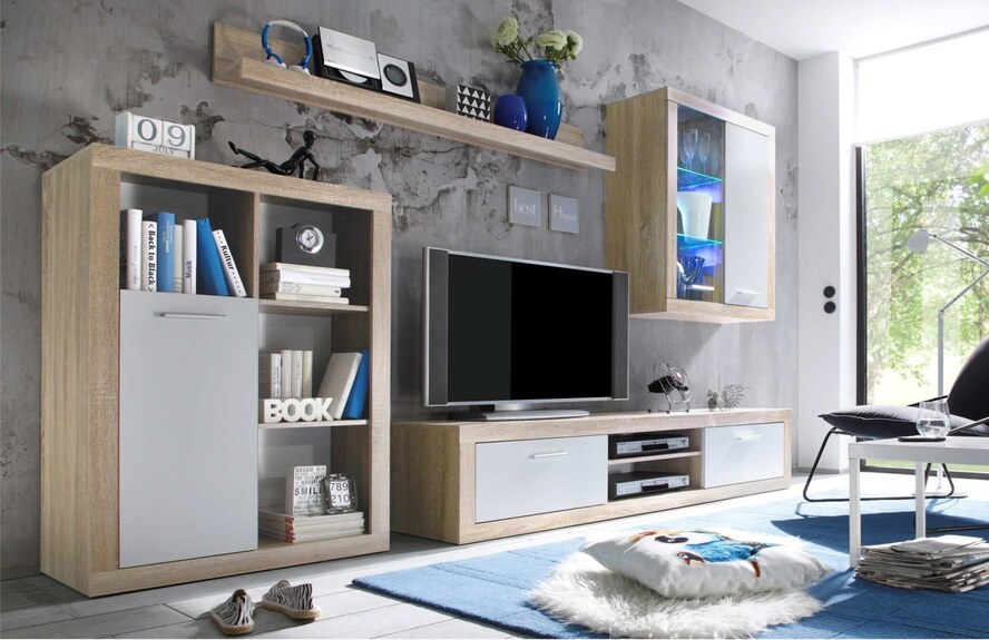 Byt. stěna SANY Dub sonoma / bílá včetně LED osvětlení