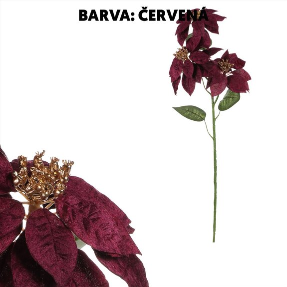 Poinsécie - umělá řezaná květina, 3 květy, zlatý střed, barva červená.