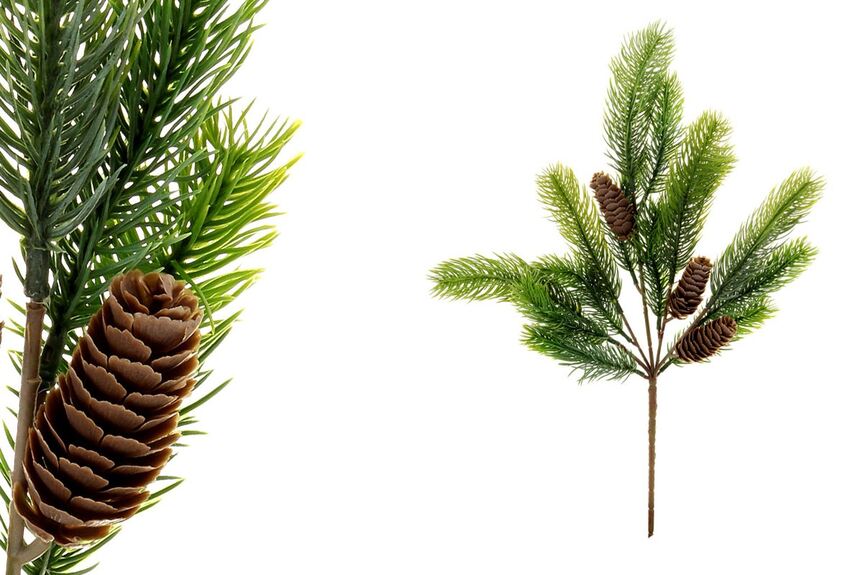Větvička s jehličím a šiškami. Květina umělá plastová