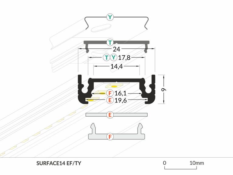 Profil WIRELI SURFACE14 EF/Y stříbrný elox, 3m (metráž)