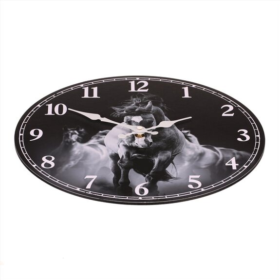 Hodiny nástěnné - koně, MDF, černobílé, 34 cm
