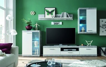 Obývací stěna KETLIN New beton/bílá včetně LED osvětlení