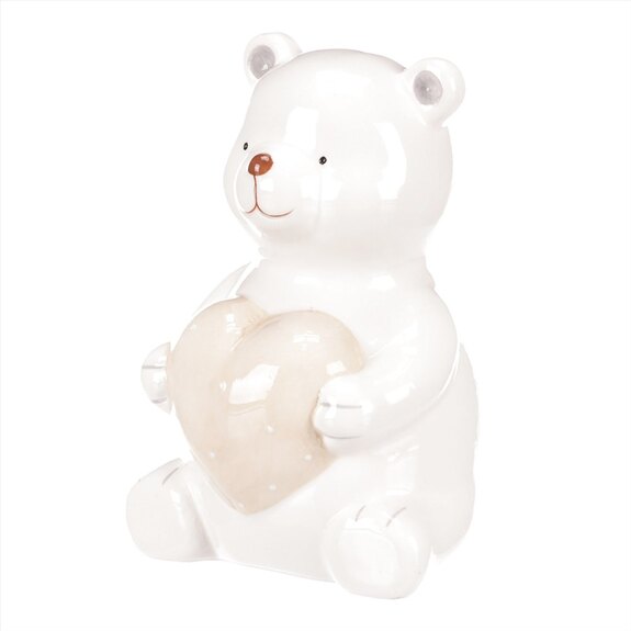 Medvídek keramický, držící srdce.