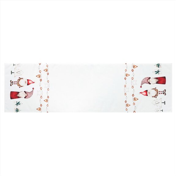 Běhoun bílý - vánoční, okraje se skřítky, 100% polyester, 40 x 150 cm.