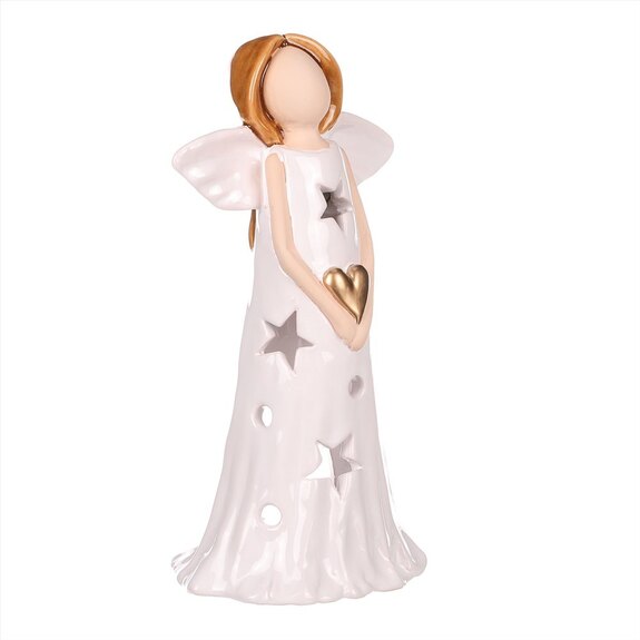 Anděl bílý držící srdce - svícen na čajovou svíčku