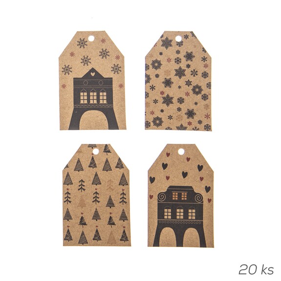 Visačky-jmenovky papír vánoční DOMKY 20 ks