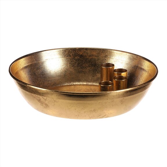 Svícen kovový - pro 4 kónické svíčky, tvar mísy, zlatý.