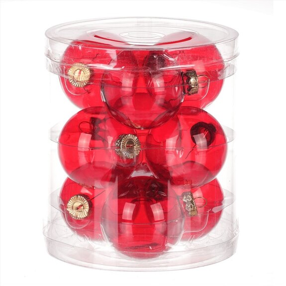 Ozdoby skleněné, barva červená-průhledné, pr.7 cm, cena za 1 balení (9 ks)