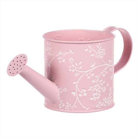 Obal kovový - konev, v růžové barvě s bílými růžemi.