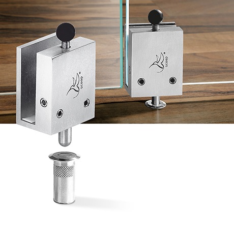 Zajišťovací zarážka pro dvoukřídlé skl. dveře nikl