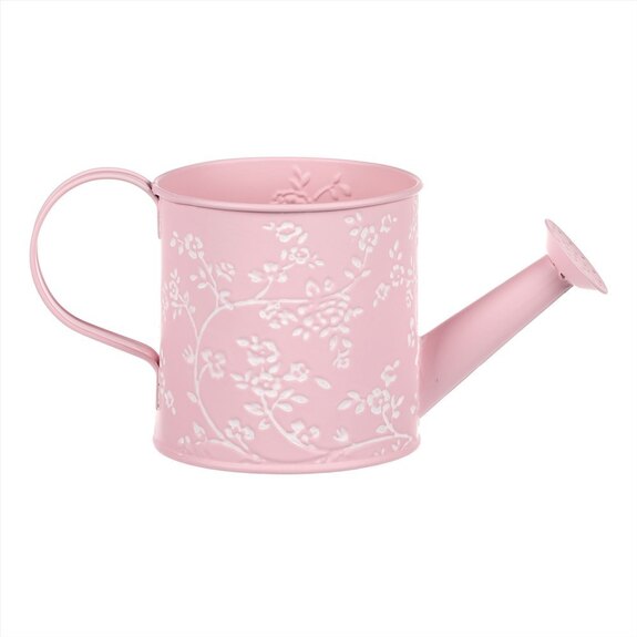 Obal kovový - konev, v růžové barvě s bílými růžemi.