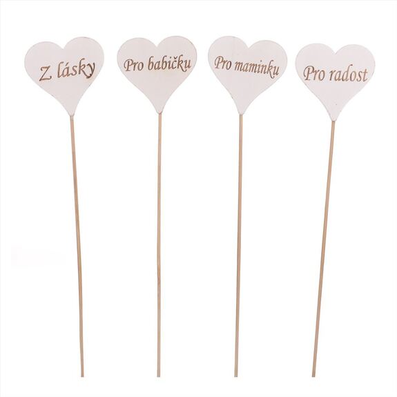 Srdce na zápichu, dřevěné v bílé barvě. 6ks v sáčku.