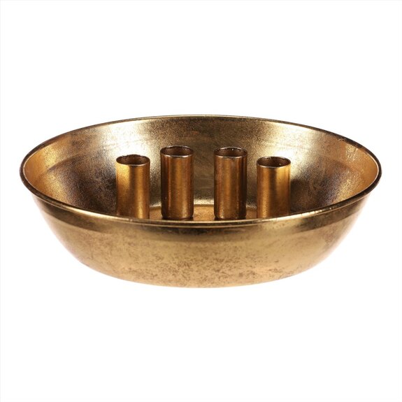 Svícen kovový - pro 4 kónické svíčky, tvar mísy, zlatý.