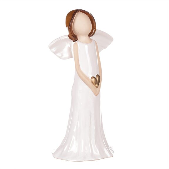 Anděl držící srdce s bílými křídly, keramika