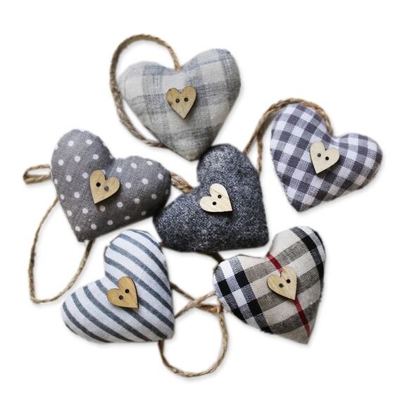 Srdce závěs textil 6ks/4cm šedá
