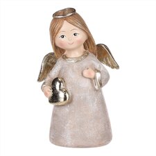 Andílek stojící hnědý, zlatá křídla a srdíčko v rukou, polyresin.