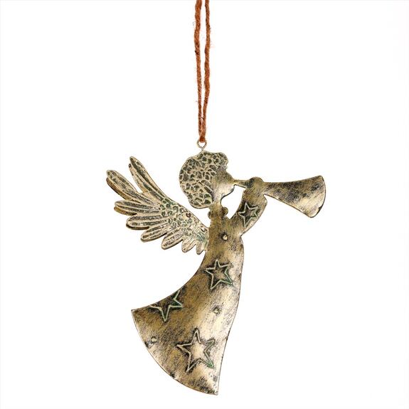 Anděl kovový s trumpetou - na pověšení, barva zlatá antik.