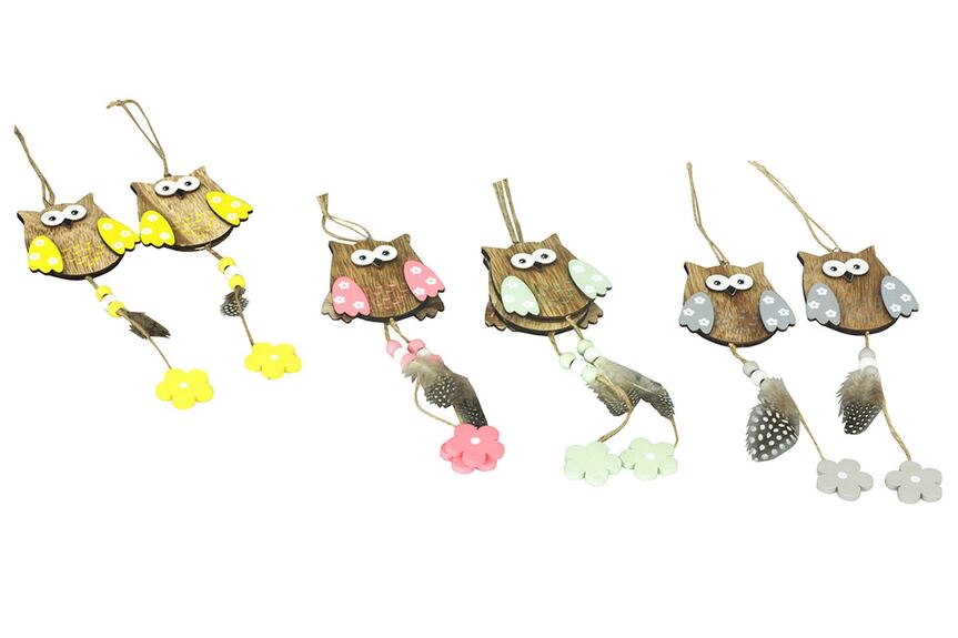 Sova VEL847722, 2 kusy v sáčků, dřevěná dekorace na pověšení, mix 4 barev