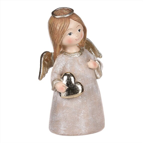 Andílek stojící hnědý, zlatá křídla a srdíčko v rukou, polyresin.