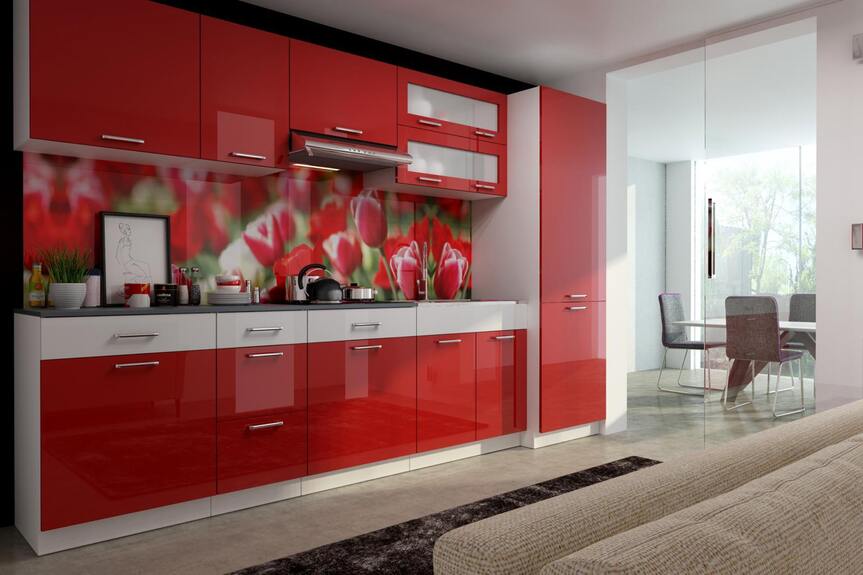 Kuchyňská linka Falco Sanader 300 červený lesk/bílý pruh