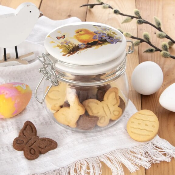 Dóza sklo/kov klip keram. víčko JARO kuře 0,5 l