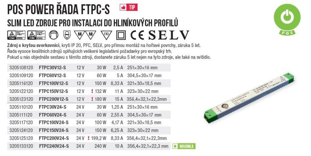 Zdroj napětí 24V 240W 10A IP20 SLIM POS POWER typ FTPC240V24 S