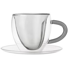 Hrnek dvoustěnné borosil. sklo+podš. 2ks DOUBLE srdce 0,2 l šedá