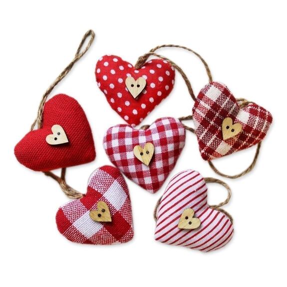 Srdce závěs textil 6ks/4cm červená
