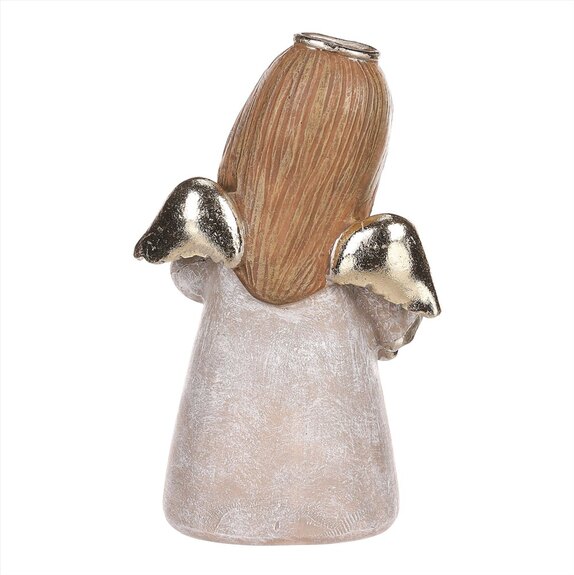 Andílek stojící hnědý, zlatá křídla a srdíčko v rukou, polyresin.