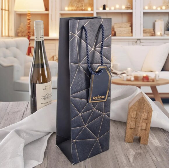 Taška papír dárková na víno mřížka 12x9x36 cm modrá