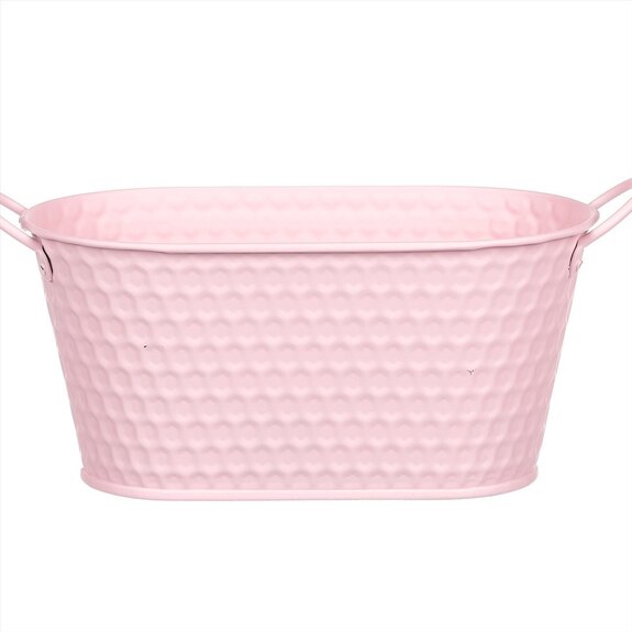 Obal kovový - truhlík, v růžové barvě.