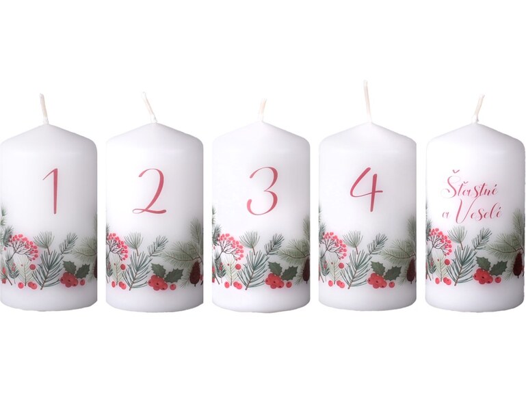 Emocio Válec 5ks 50x90 mm adventní čísla Šťastné a Veselé, svíčky