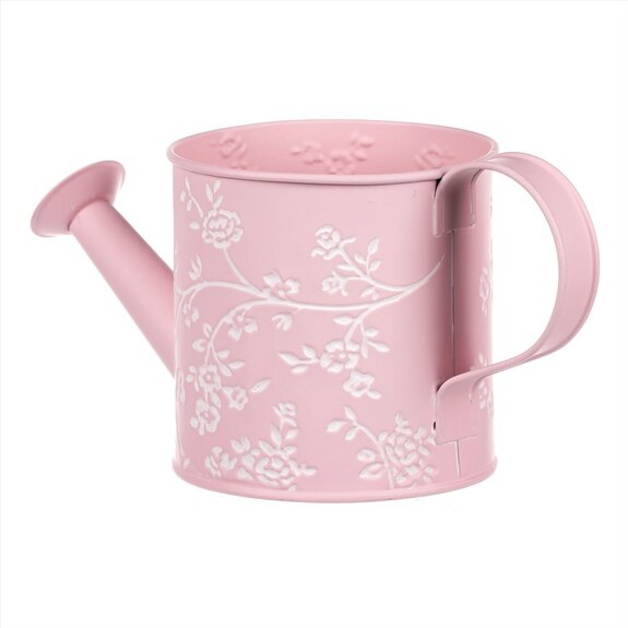 Obal kovový - konev, v růžové barvě s bílými růžemi.