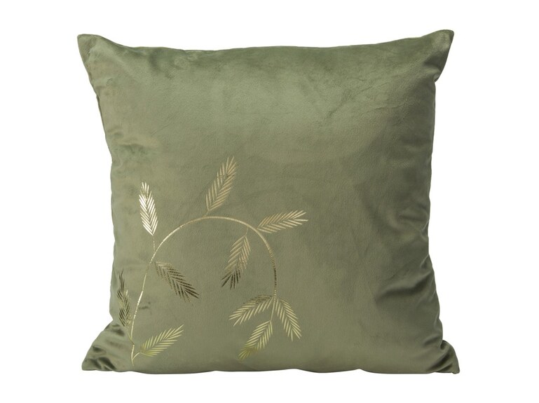 Polštář polyester, samet 450x450mm se zlatým potiskem větvička mix, zelená, béžová