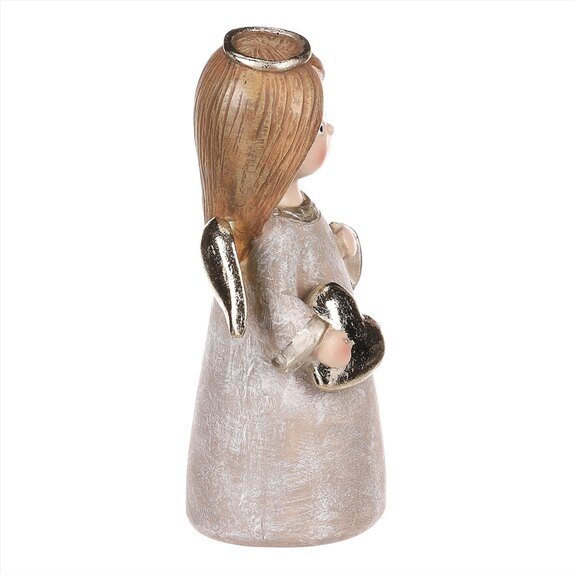 Andílek stojící hnědý, zlatá křídla a srdíčko v rukou, polyresin.