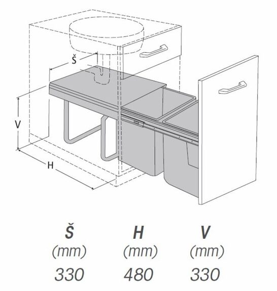 Výsuvný odpadkový 2-koš s úchyty dvířek, 2x15 l, K40-šedý plast