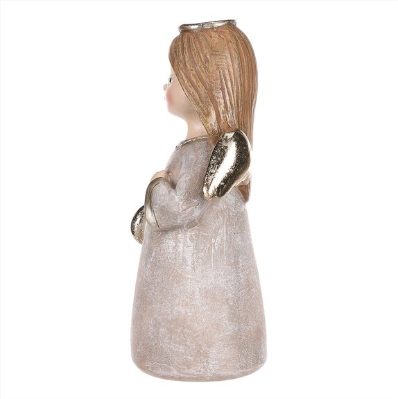 Andílek stojící hnědý, zlatá křídla a srdíčko v rukou, polyresin.