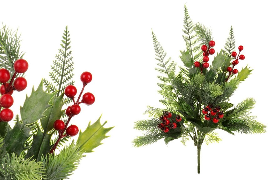 Větvička s bobulemi a šípky KU4305. Květina umělá plastová. Sada 6 kusů