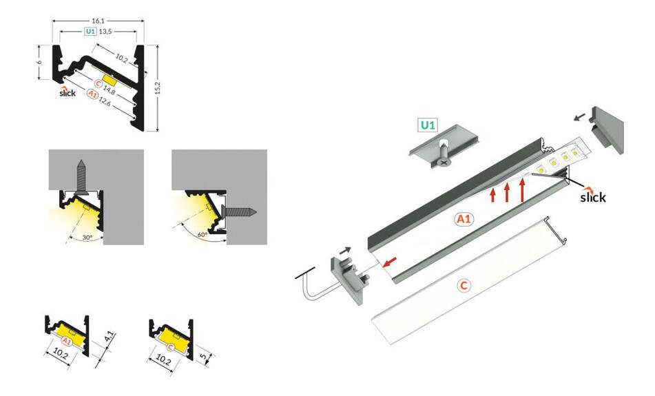 Profil WIRELI CORNER10.v2 A1C/U1 stříbrný elox, 2m (metráž)