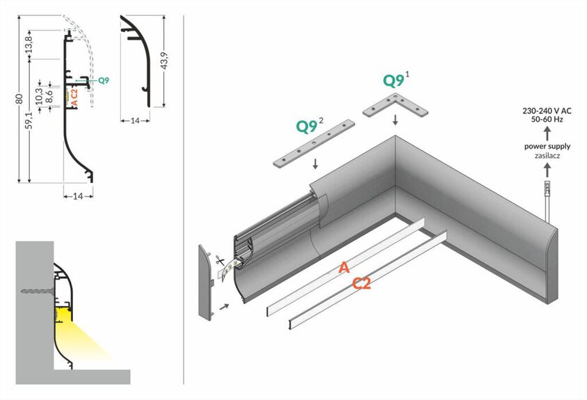 Profil WIRELI SKIRT10 AC2/Q9 stříbrný elox, 2m (metráž)
