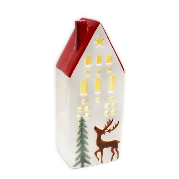 Domek svícen LED keramika 18,5cm červená