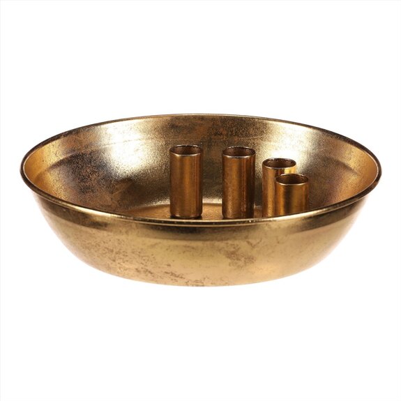 Svícen kovový - pro 4 kónické svíčky, tvar mísy, zlatý.