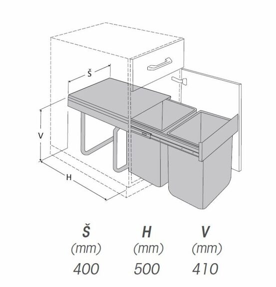 Výsuvný odpadkový 2-koš Komfort, 2x20 l, K45-šedý plast
