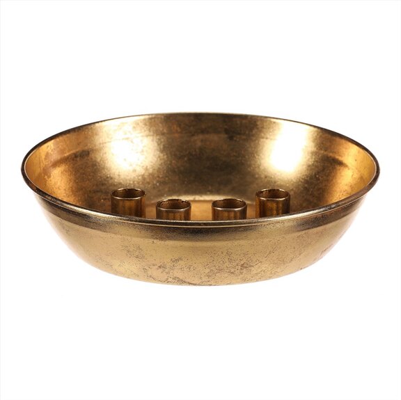 Svícen kovový - pro 4 kónické svíčky, tvar mísy, zlatý.