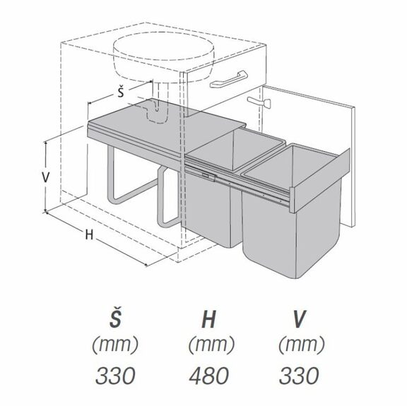 Výsuvný odpadkový 2-koš, 2x15 l, K40-šedý plast