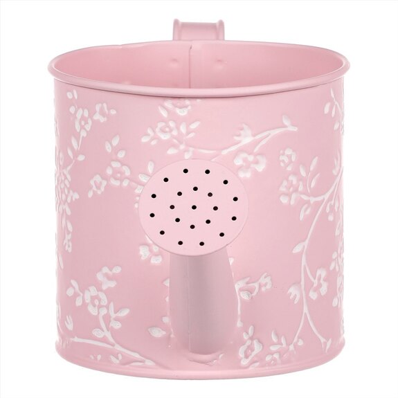 Obal kovový - konev, v růžové barvě s bílými růžemi.