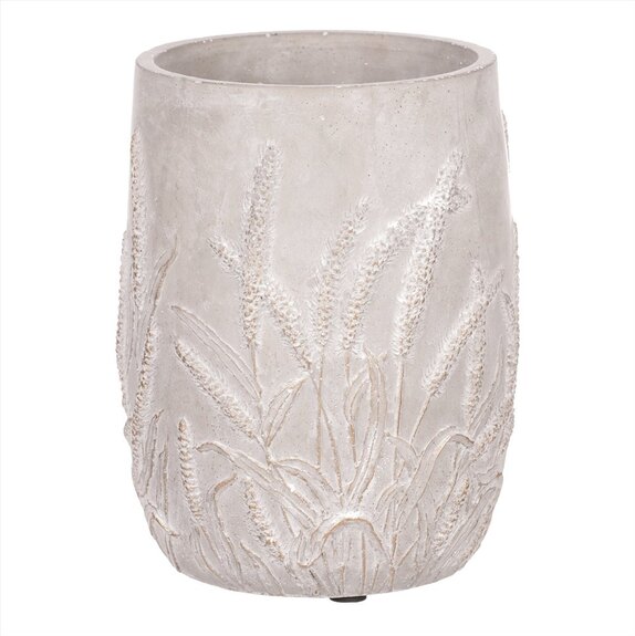 Váza betonová s dekorem obilí, zlatá barva.