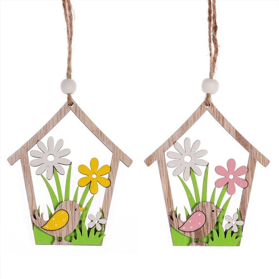 Dekorace na pověšení, ptačí budka dřevěná. Cena za 1sášek(2ks). Mix 2